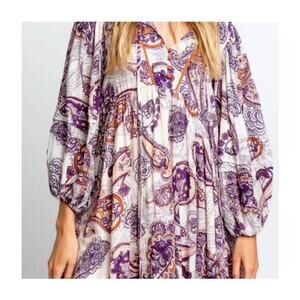 Band of the Free Boho Long Sleeve Tassle Mini Dress Purple Paisley Large NWT